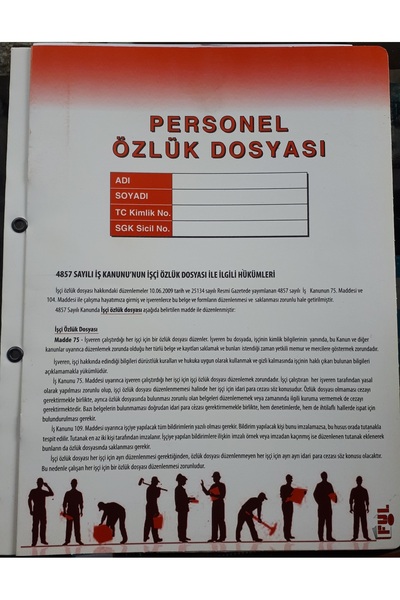 FUL Personel Özlük Dosyası ( İŞÇİ) 4857 Nolu İş Kanuna Göre 15 Adetli Paket