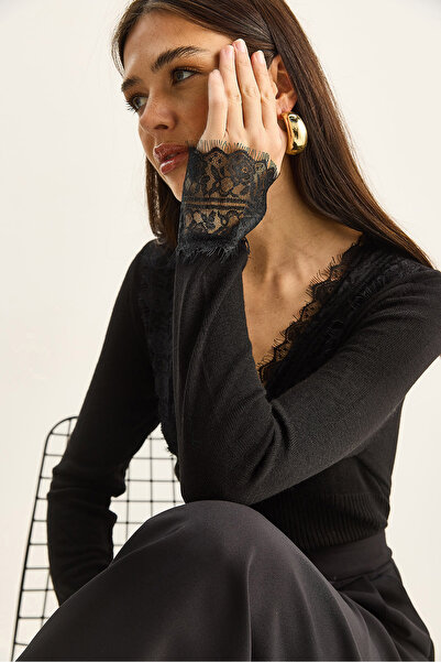 Bianco Lucci Women's V-Neck Lace Detailed Long Sleeve Knitwear Cardigan Th251066 60283798