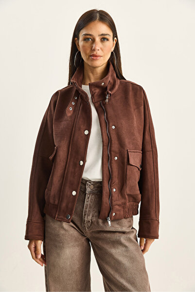 Bianco Lucci Γυναικείο μπουφάν με ψηλός λαιμός τσέπες με φερμουάρ, λεπτομερές επένδυση oversized από τεχνητό σουέτ 9030 60283796