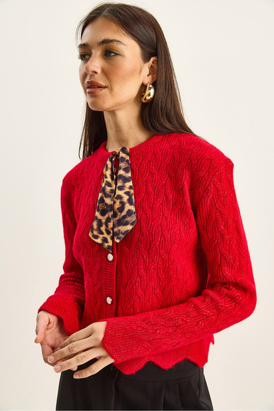 Bianco Lucci Women's Hair Braided Scarf Detailed Buttoned Cardigan Th 241026 60251873