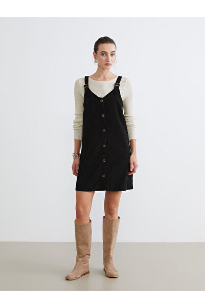 LC Waikiki Siyah V Yaka Kadife Elbise