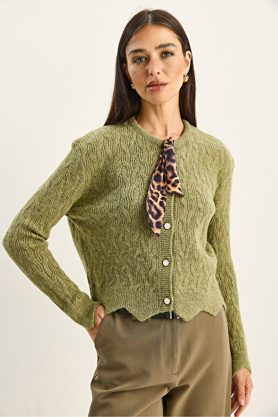 Bianco Lucci Women's Hair Braided Scarf Detailed Buttoned Cardigan Th 241026 60251873