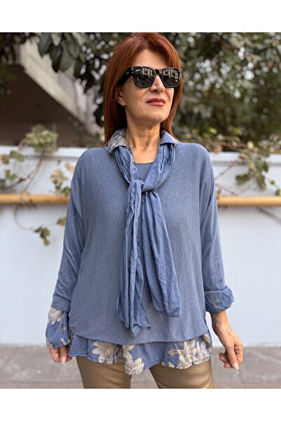 DenizEge Tricotaje moi cu eșarfă și cămașă Albastru indigo