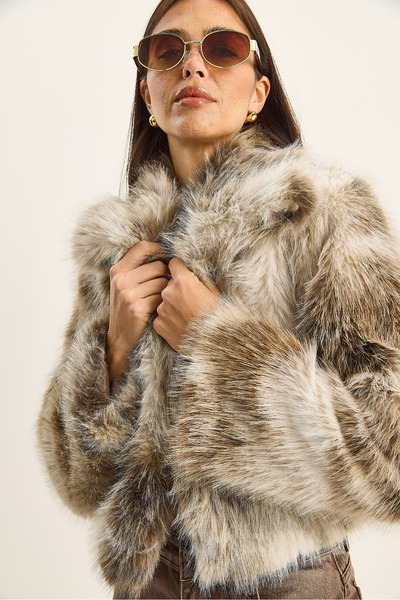 Bianco Lucci Women's Patterned Collared Lined Faux Crop Fur Jacket 2852 60281123