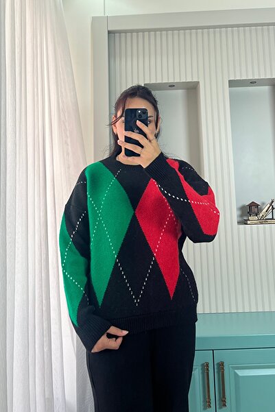 Auroveen Baklava Patterned Color Block Crew Neck Sweater Av7882