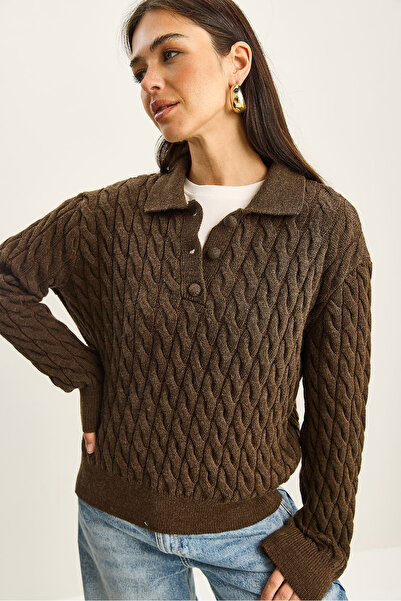 Bianco Lucci Women's Hair Knit Polo Neck Buttoned Knitwear Sweater Tk251120 60283789