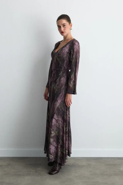 Gusto Anka Collection V-Neck Patterned Long Dress - Plum