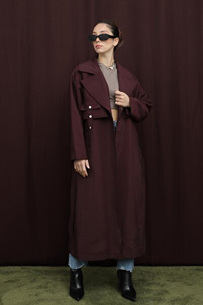 Puane Women's Belted Trench Coat with Pocket Detail - 15228Trc - Burgundy