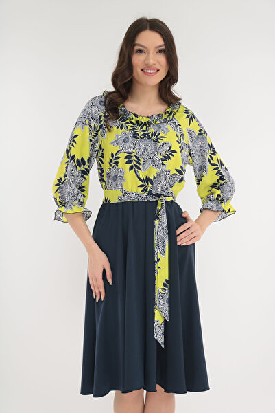 Vanessa Line RO Κομψό φόρεμα σε σκούρο μπλε-κίτρινο με με τύπωμα