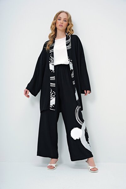 Trend Alaçatı Stili Czarny letni kimono oversize z geometrycznym wzorem dla k...