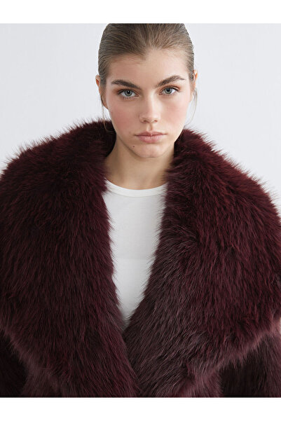 LC Waikiki Lcw Modest Burgundy Jacket Collar Oversized Women Faux Fur Coat
