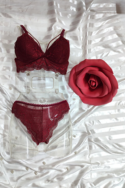 AYSEMİN TEKSTİL Fantazi Dantel Çapraz Model Bordo sütyen kilot Takım