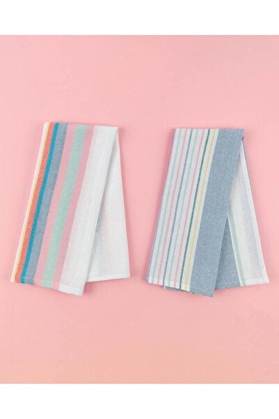 Madame Coco Jeanne 2'li Pamuklu Çizgili Kurulama Bezi - Mavi Beyaz