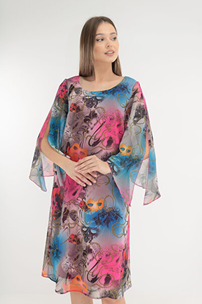 Trend Land Rochie din voal cu print abstract roz-albastru