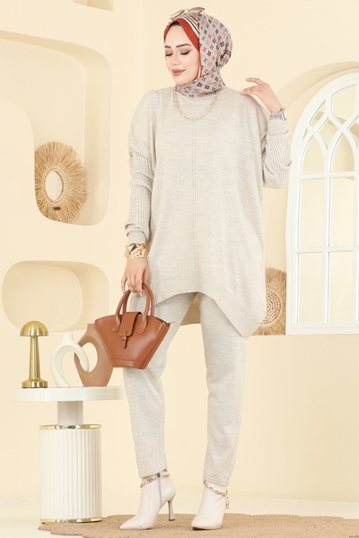 ModaMerve Boğazlı İkili Triko Takım 2737AYD574-MS Taş