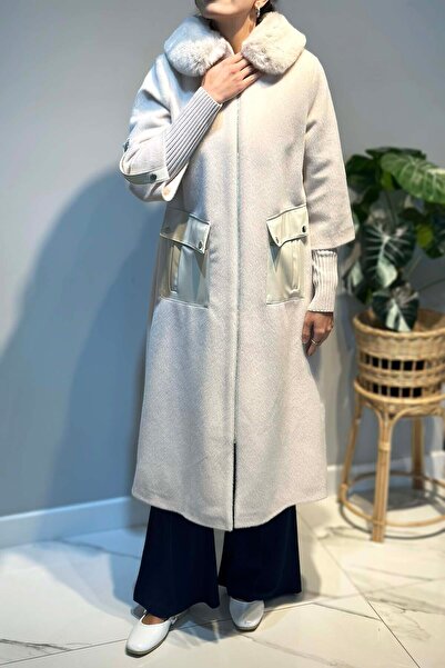 Lale Butik Leather Pocket Detail Fur Coat 2596 Ecru