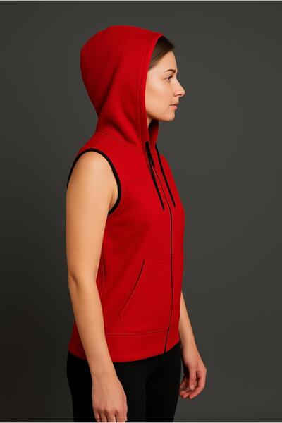 AXXEL Women's Red Zippered Hooded Kangaroo Pocket Sleeveless Vest-Y1142-K