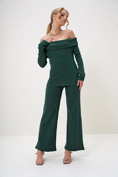 Trend Alaçatı Stili Női dió zöld Madonna gallér kamisole blúz és nadrág szett ALC-X13060