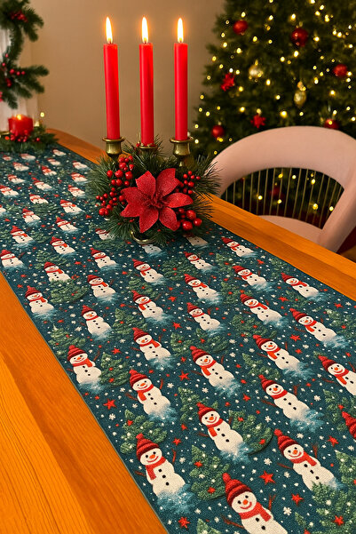 Konyaaltı Çeyizevi Yılbaşı Kardan Adam ve Çam Ağacı Desenli 3D Dijital Baskıl...