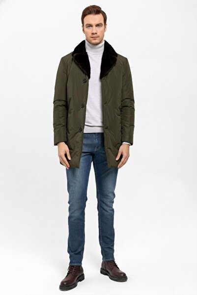 Deriderim Haki Yeşil Kumaş Hugo Yakası Kürk Erkek Kaban