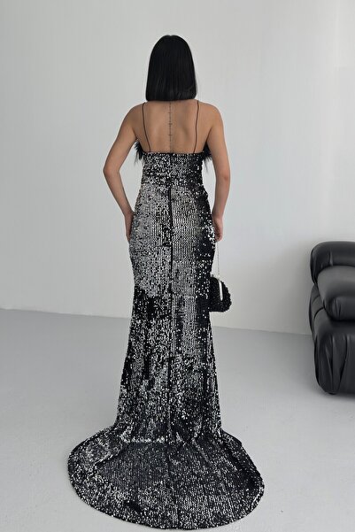 SELİN MODA EVİ Trend Sequined Feather Detailed Evening Dress Velvet Beige Dress