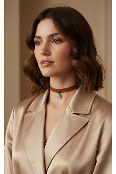 Genel Markalar 925 Ayar Mavi Damla Taş Sallantılı, Deri Choker Kolye