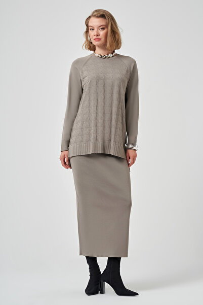 Nuss Houndstooth Pattern Mercerized Knitwear Suit with Pencil Skirt 1350 Gray