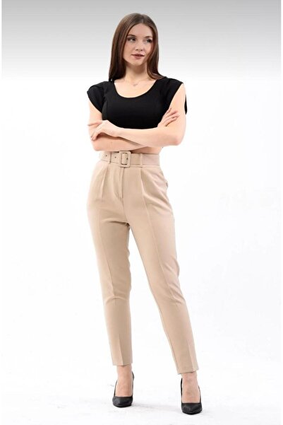 TRENDLİA Women's Belted High Waist Pocketed Straight Fabric Pants