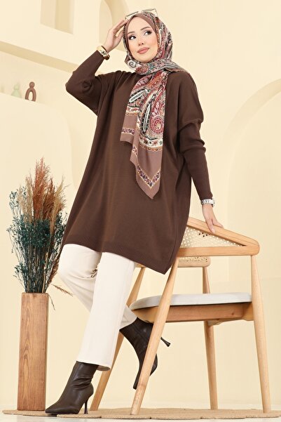 ModaMerve Yarım Boğazlı Triko Tunik 1047KLN570-MS Kahve