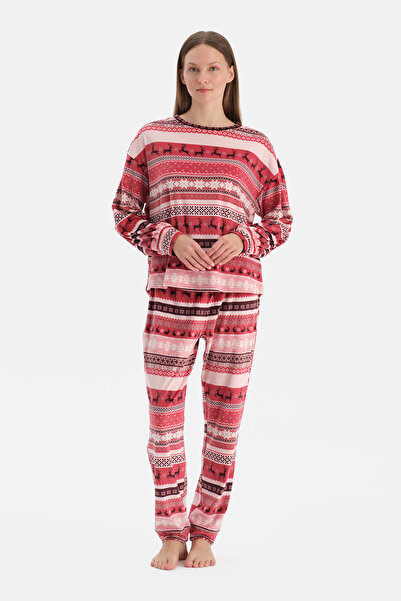 Dagi Red Printed Velvet T-Shirt Pants Pajama Set