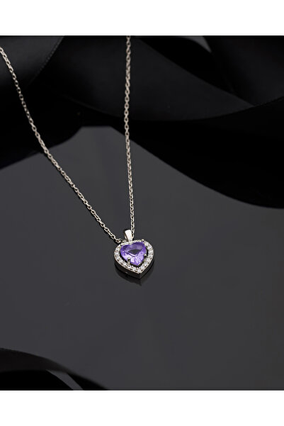 Roza Silver 925 Ayar Ametist Taşlı Rodyum Pırlanta Görünümlü Kalp Gümüş Kolye