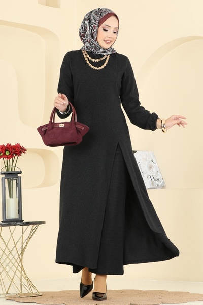 ModaMerve Yırtmaç Detaylı Balıksırtı Takım 24003UKBK1160-MS Siyah