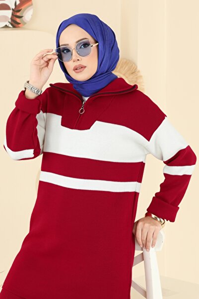 ModaMerve Yarım Fermuarlı Triko Takım 2738AYD574-MS Kırmızı