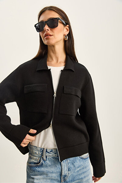 Bianco Lucci Women's Double Pocket Detailed Zipper Closure Knitwear Jacket Cardigan Th251076 60283802