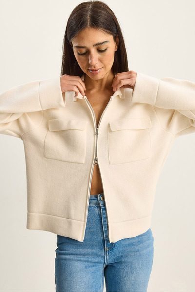 Bianco Lucci Women's Double Pocket Detailed Zipper Closure Knitwear Jacket Cardigan Th251076 60283802