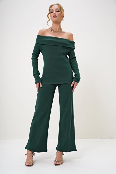 Trend Alaçatı Stili Női dió zöld Madonna gallér kamisole blúz és nadrág szett ALC-X13060