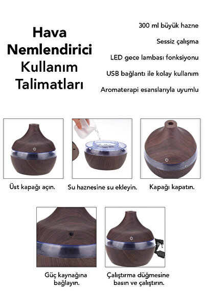 mimtec Damla Hava Nemlendirici - 300 ml Işıklı Buhar Makinesi Aroma Difüzörü Koyu Kahve 1 Adet Esans Hediye