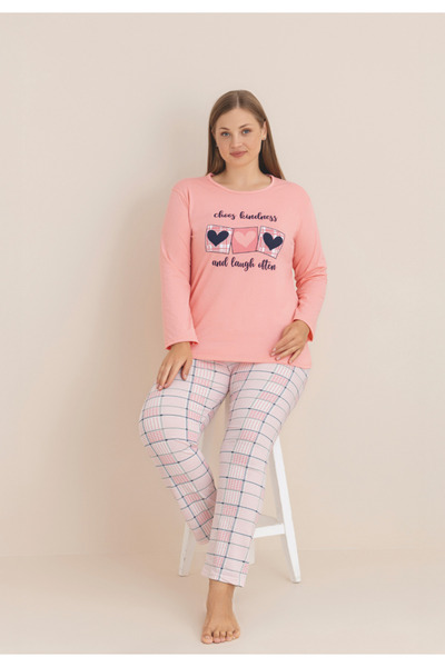 Serena Big Size pink women's pajamas with long sleeves and long pants, heart print