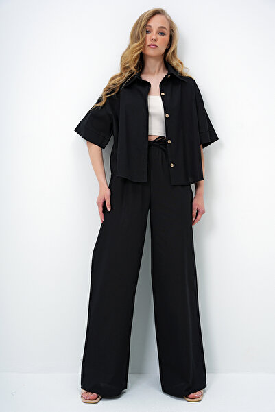 Trend Alaçatı Stili Women's Black Linen Shirt and Palazzo Pants Set Alc-X13948