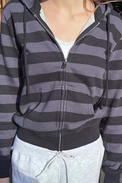 harmony factory Black Smoked Striped Hooded Y2K Unisex Cardigan