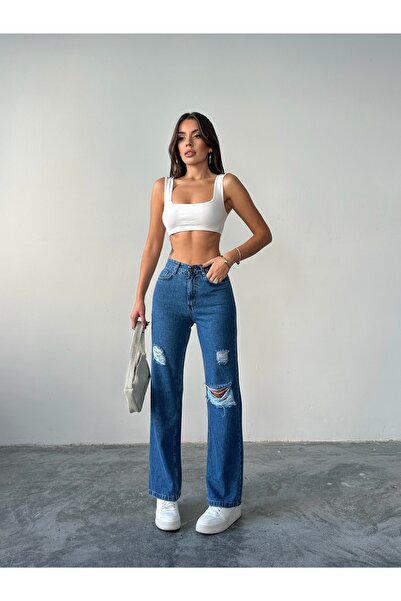 BLUE MARLIN KADIN LAZER YIRTIK İŞLEMLİ BOYFRİEND KOT BOL PAÇA PANTOLON