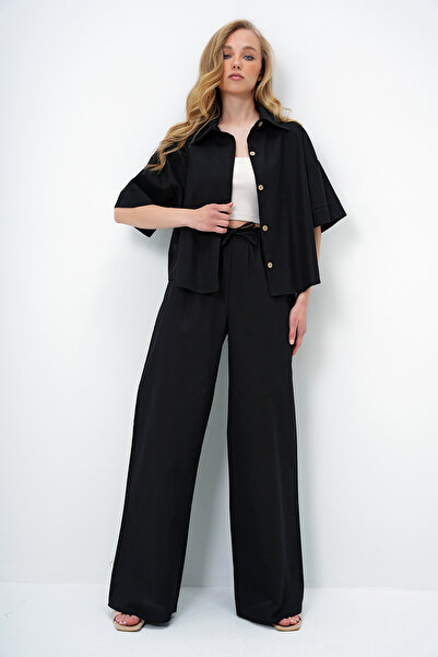 Trend Alaçatı Stili Women's Black Linen Shirt and Palazzo Pants Set Alc-X13948