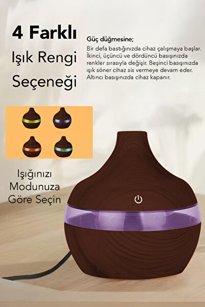 mimtec Damla Hava Nemlendirici - 300 ml Işıklı Buhar Makinesi Aroma Difüzörü Koyu Kahve 1 Adet Esans Hediye