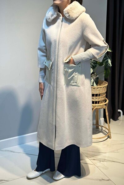 Lale Butik Leather Pocket Detail Fur Coat 2596 Ecru