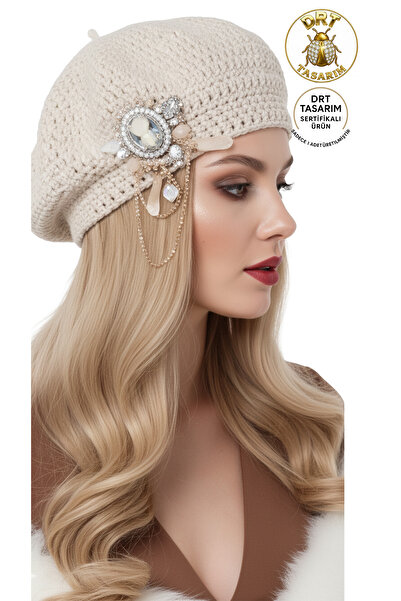 drt tasarım Fransız Bere Bej Broş Süslü