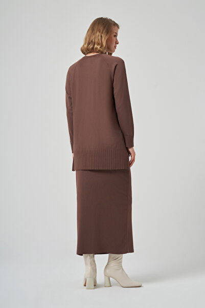 Nuss Houndstooth Pattern Mercerized Knitwear Suit with Pencil Skirt 1350 Brown