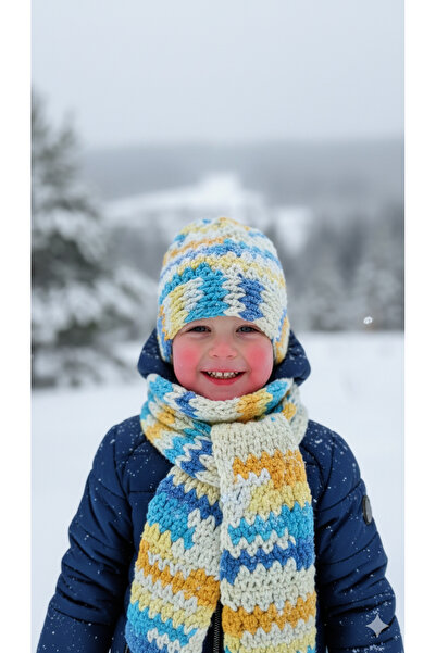 Yalçınoğlu Kids Hand Knitted Wool Children's Scarf Beanie Set | 3-8 Years Old | Handmade Winter Set | Warm Holder Winter Set I