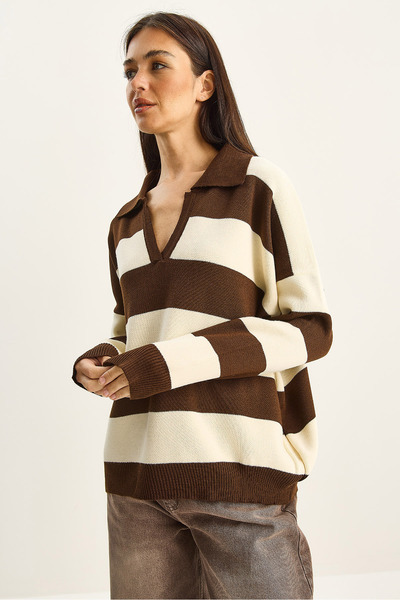 Bianco Lucci Women's Polo Neck Striped Knitwear Sweater 7250 60283810