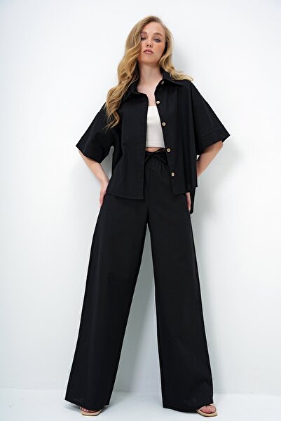Trend Alaçatı Stili Women's Black Linen Shirt and Palazzo Pants Set Alc-X13948