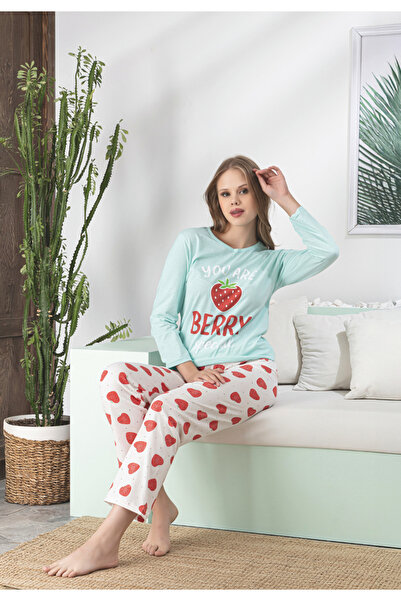 Serena Pijama damă bleu cu mânecă lungă și pantaloni lungi cu inimioare albe